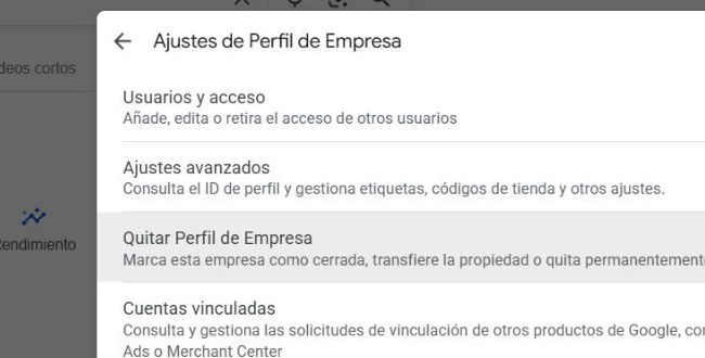 Ajustes de Perfil de Empresa de Google con la opción Usuarios y acceso