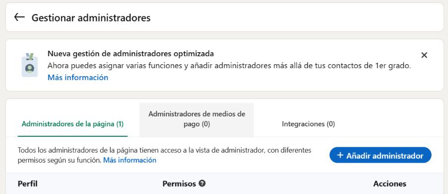 Pantalla Gestionar administradores de LinkedIn con el botón Añadir administrador