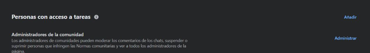 Sección Personas con acceso a tareas de una página de Facebook, con el botón Añadir a la derecha