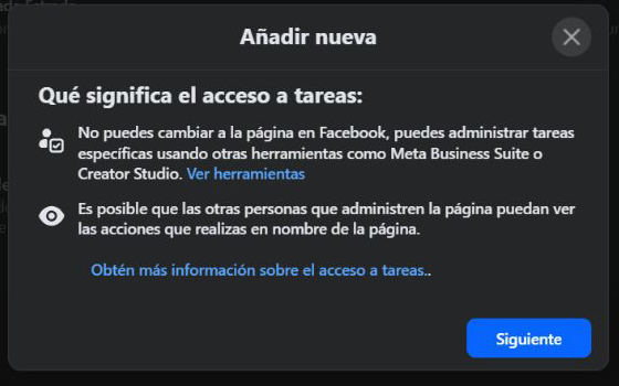 Ventana de Meta que explica qué significa el acceso a tareas y muestra el botón Siguiente