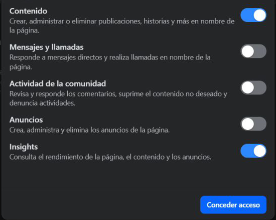 Permisos de Meta con Contenido e Insights activados y el resto desactivado