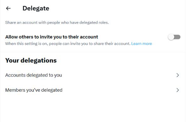 Pantalla Delegate de X con las opciones Accounts delegated to you y Members you've delegated