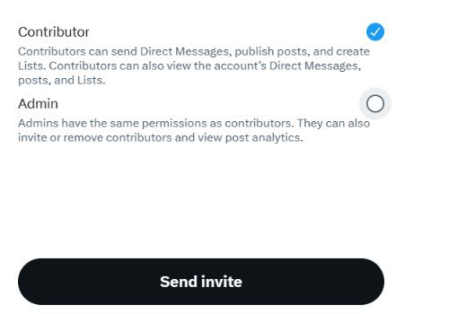 Selector de rol de X con Contributor marcado y Admin sin marcar