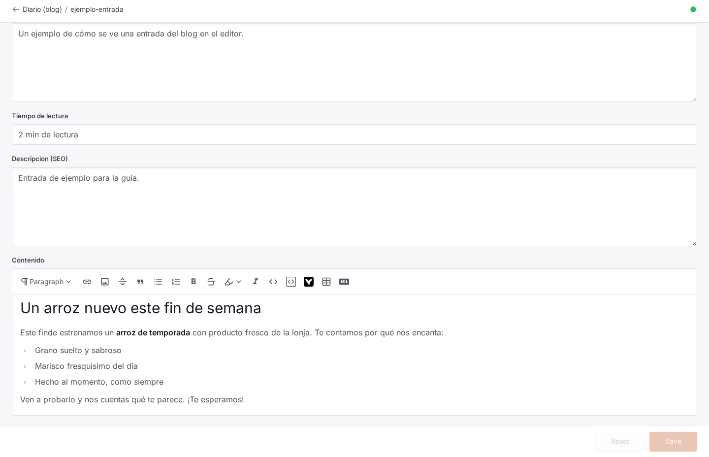 El editor del blog: los campos de la entrada y el campo Contenido con su barra de herramientas