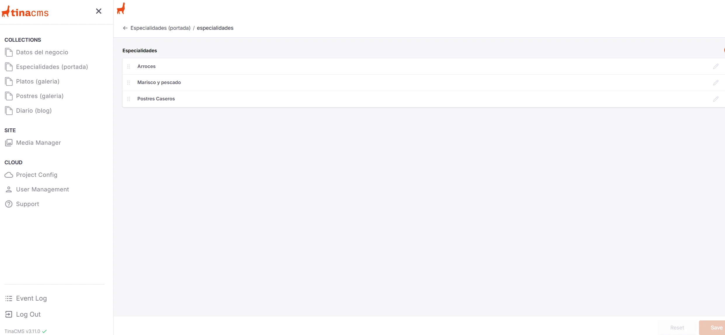 Lista de elementos con opciones para editar, reordenar, borrar y añadir